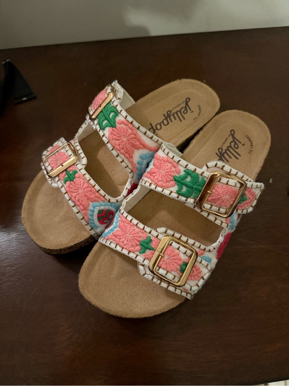 Jellypop Pink Floral Embroidered Double Buckle Sandals